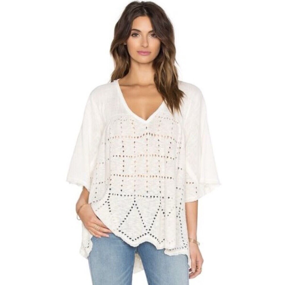 Free People "Summer Lovin" Linen Blend Frayed Trim Top Blouse Size XS $128